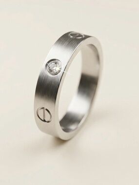 Love Design Thin Ring with Zirconia | Silver Tone Stainless Steel Jewelry